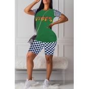 Lovely Casual O Neck Letter Plaid Printed Green Tw
