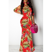 Lovely Sexy Halter Neck Printed Hollow-out Red Flo