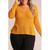 Lovely Casual V Neck Yellow Plus Size Sweater