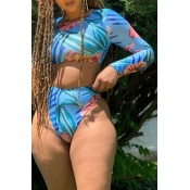 Lovely O Neck Printed Blue Tankinis