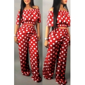 Lovely Sweet Off The Shoulder Dot Printed Red Two-