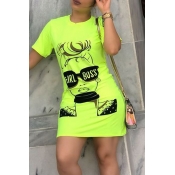 Lovely Casual O Neck Printed Green Mini Dress