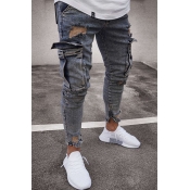 Lovely Casual Pockets Design Grey Jeans