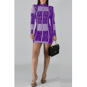 Lovely Stylish Mandarin Collar Printed Purple Mini