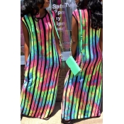 Lovely Casual O Neck Striped Printed Multicolor An