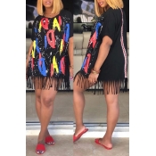 Lovely Casual O Neck Printed Tassel Design Black M