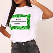 Lovely Casual O Neck Letter Printed Green T-shirt
