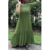 Lovely Casual O Neck Ruffle Green Ankle Length Dre