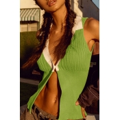 Lovely Casual Turndown Collar Patchwork Green Cott