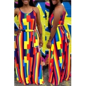 Lovely Sweet Sleeveless Geometric Printed Red Floo