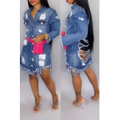Lovely Casual Broken Holes Blue Denim Coat