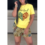 Lovely Casual Leopard Printed Yellow Two-piece Sho