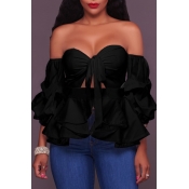 Lovely Chic Flounce Design Black Blouse