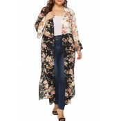 Lovely Casual Floral Printed Black Plus Size Trenc
