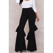 Lovely Chic Flounce Design Black Pants