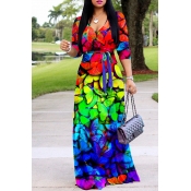 Lovely Casual V Neck Printed Multicolor Floor Leng