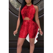 Lovely Casual O Neck Asymmetrical Red Two-piece Sh