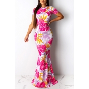 Lovely Sweet Hollow-out Printed Pink Floor Length 