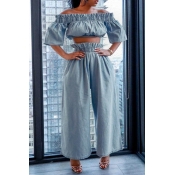 Lovely Casual Draped Design Baby Blue Two-piece Pa