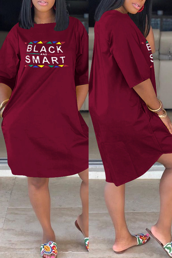 

LW Casual Letter Printed Wine Red Knee Length Dress