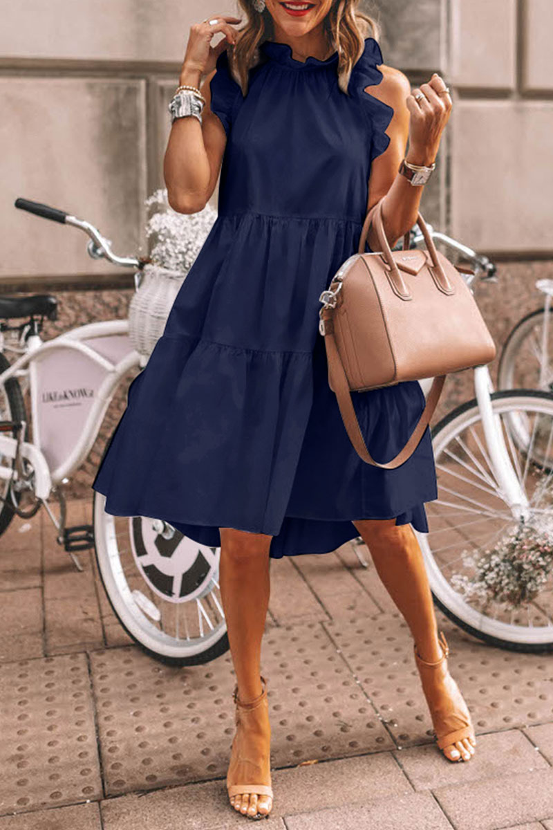 Lovely Flounce Design Dark Blue Knee Length Dress