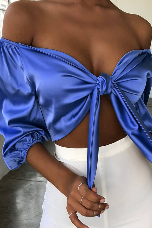 

Lovely Leisure Off The Shoulder Blue Blouse