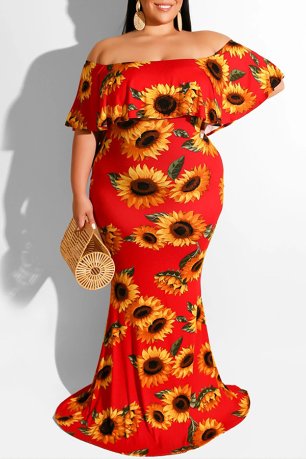 

Lovely Trendy Sunflower Print Red Maxi Plus Size Dress