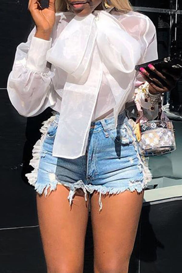 

Lovely Sweet V Neck Bow-tie Decoration White Gauze Blouse