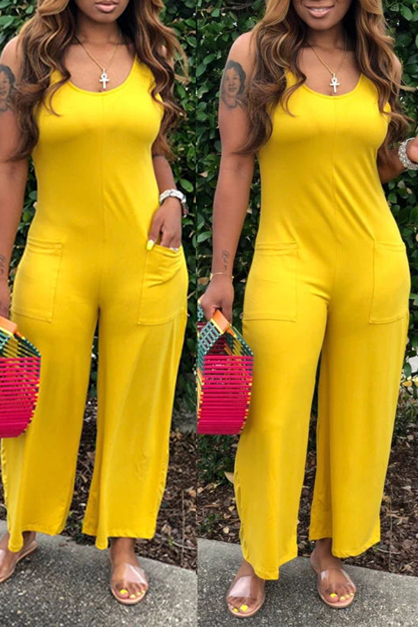 

Lovely Casual Pocket Patched Yellow One-piece Jumpsuit