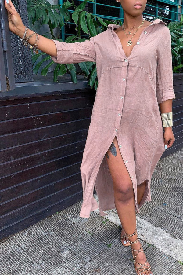

Lovely Casual Turndown Collar Light Pink Mid Calf Dress