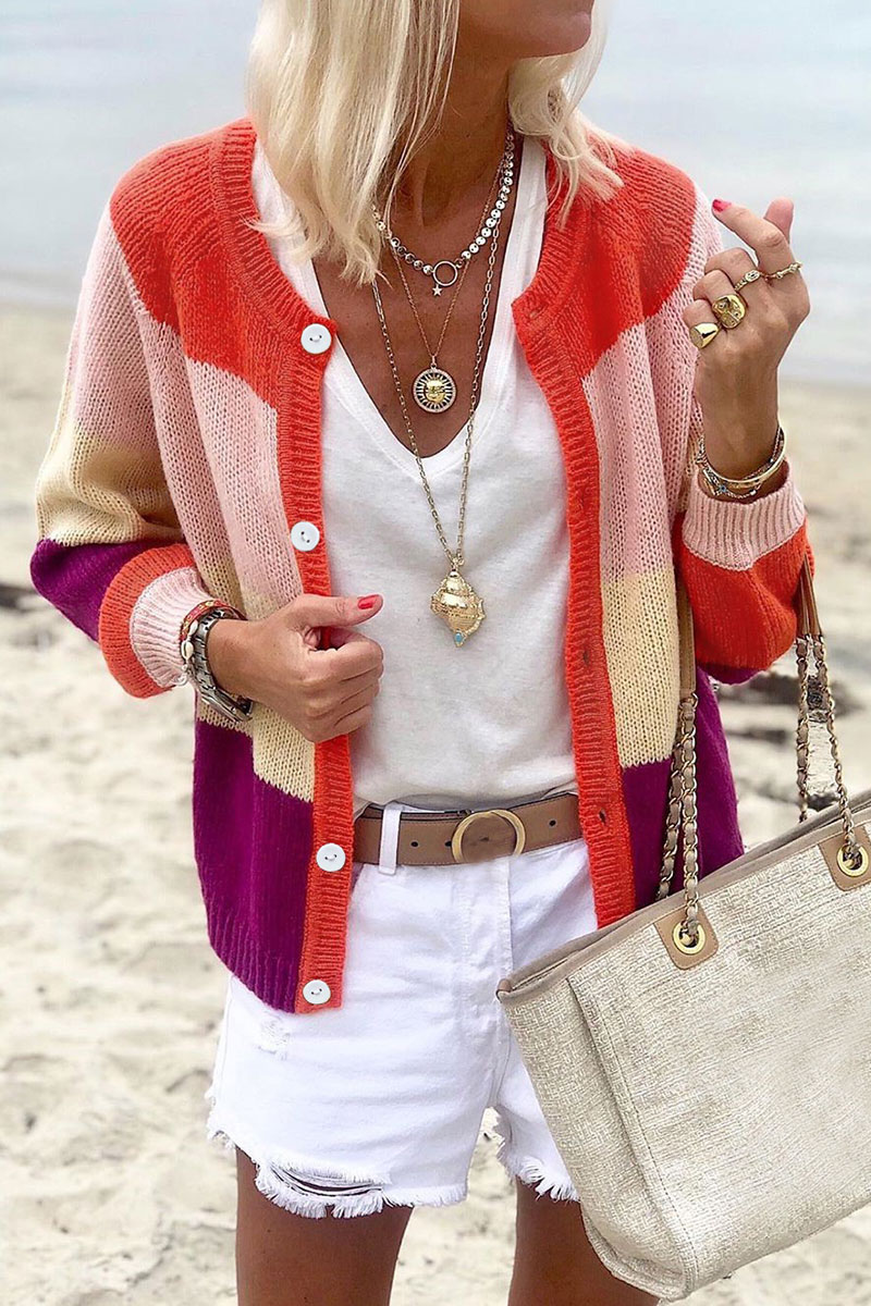 

Lovely Color-lump Patchwork Orange Red Cardigans