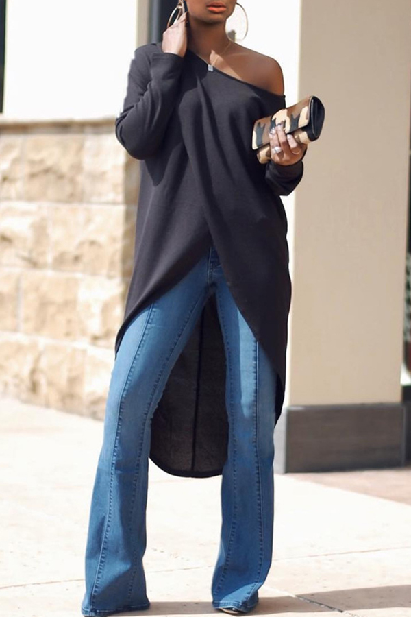 Lovely Casual Asymmetrical Black Blouse