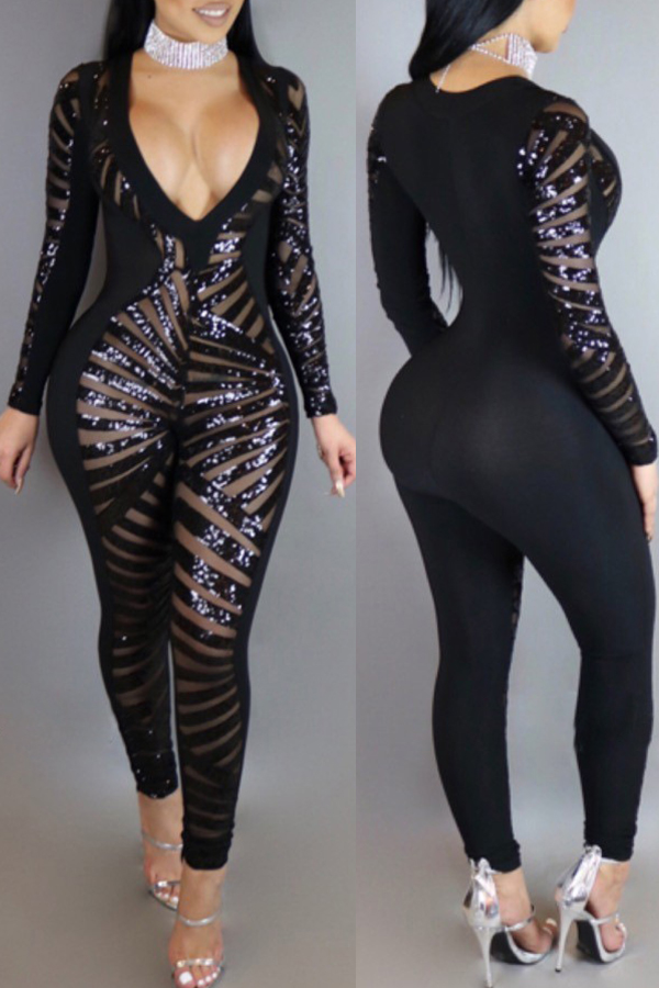 

Lovely Sexy Deep V Neck Sequined Decorative Black One-piece Jumpsuit