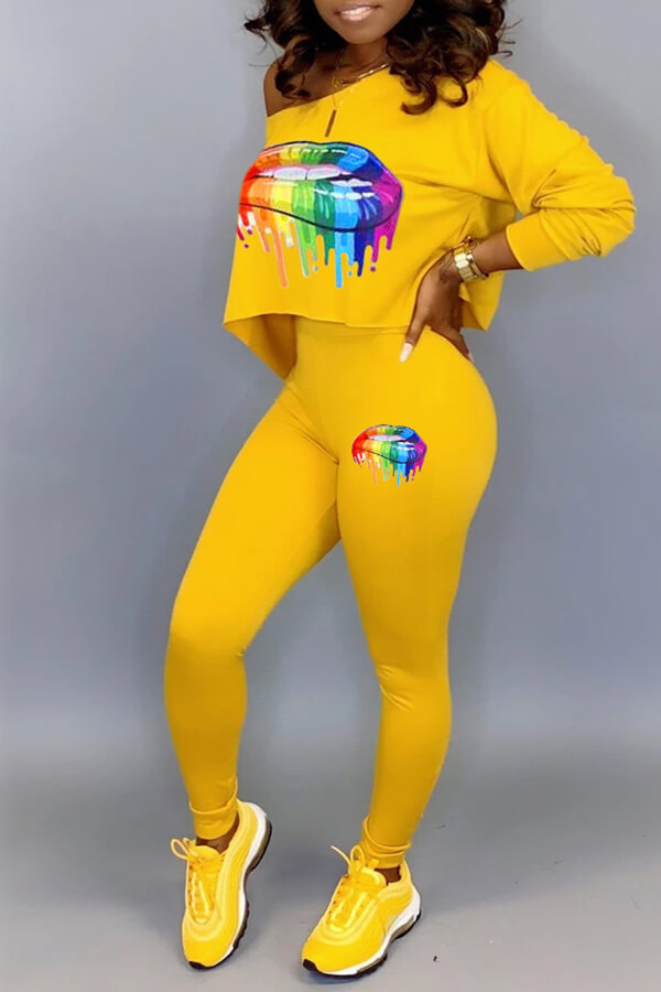 

Lovely Casual Lip Printed Yellow Two-piece Pants Set