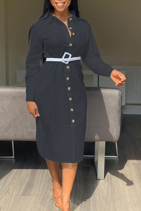 Lovely Sweet Turndown Collar Buttons Design Black Mid Calf Dress(Without Belt)