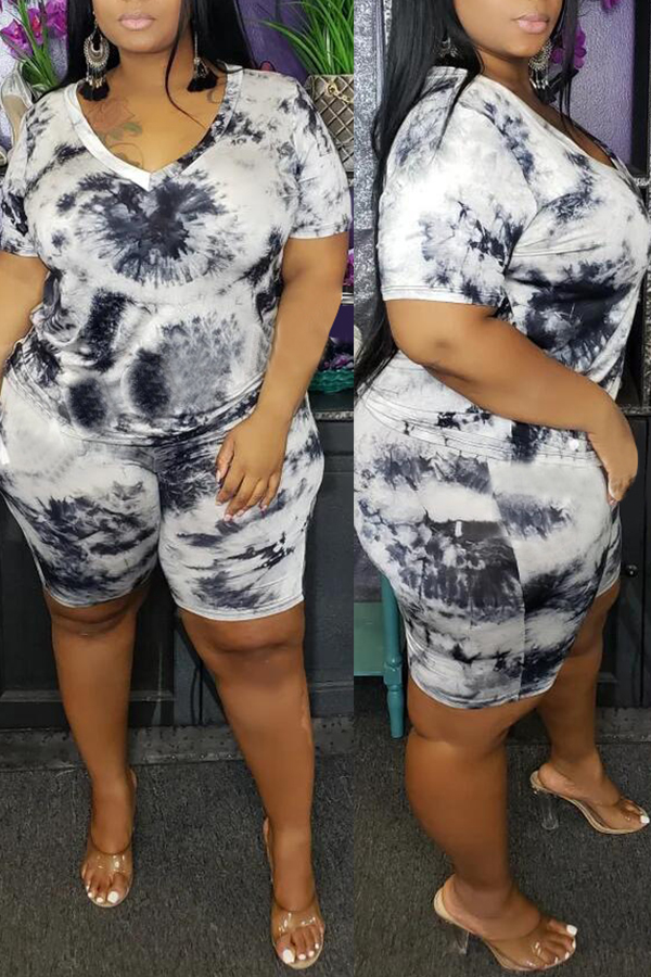 

lovely Casual Tie-dye White Plus Size Two-piece Shorts Set