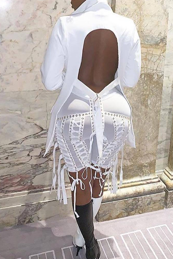 

Lovely Casual Turndown Collar Hollow-out White Coat