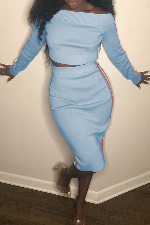 

Lovely Casual Striped Blue Two-piece Skirt Set