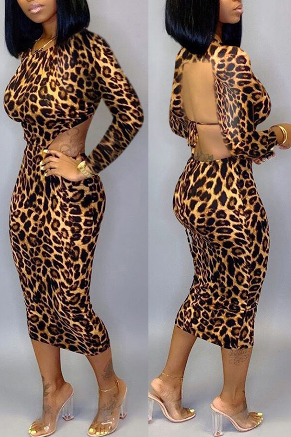 

Lovely Casual Backless Leopard Printed Mid Calf Dress