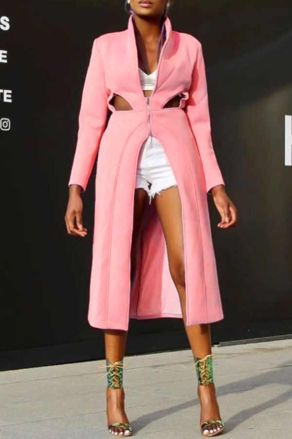 

Lovely Casual Mandarin Collar Hollow-out Pink Coat