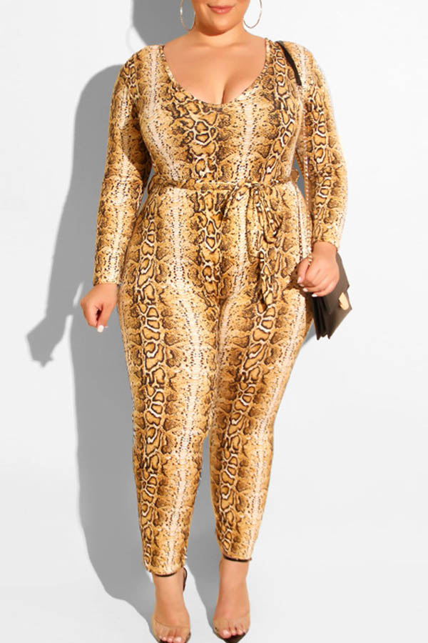 

Lovely Casual U Neck Snakeskin Printed Plus Size One-piece Jumpsuit, Cobra