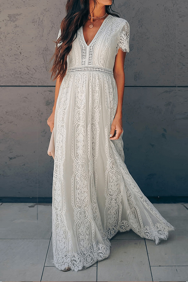 

Lovely Party V Neck Patchwork White Floor Length Evening Dress