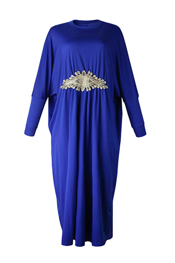 Cheap Plus Size Dress Lovely Casual O Neck Embroidered Design Blue Ank