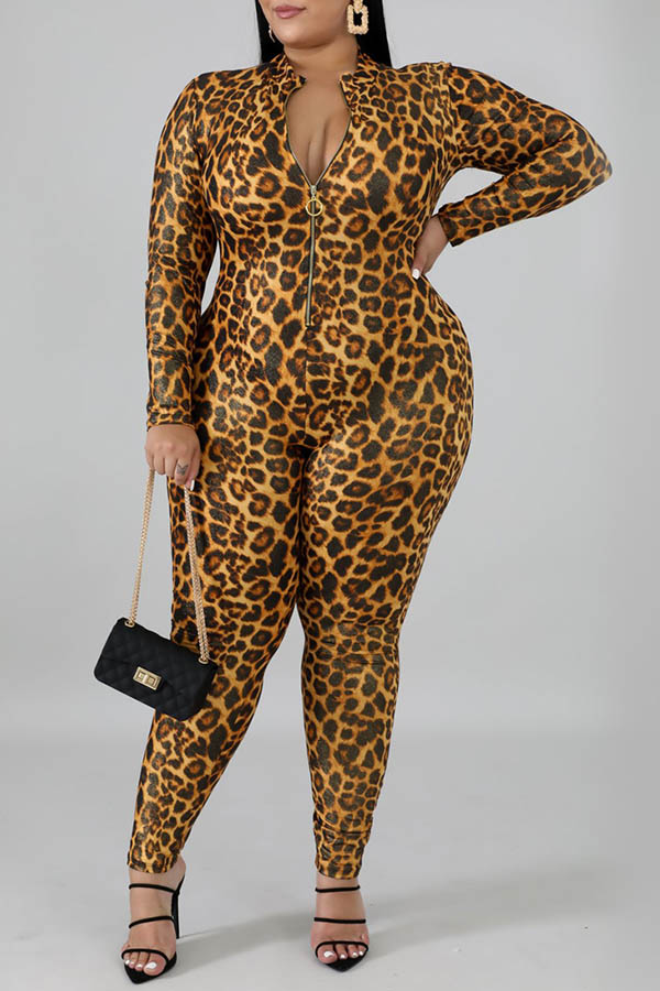 Cheap Plus Size Jumpsuit Lovely Trendy Mandarin Collar Leopard Printed