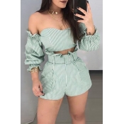 Lovely Sweet Striped Green Two-piece Shorts Set