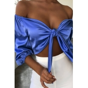 Lovely Leisure Off The Shoulder Blue Blouse
