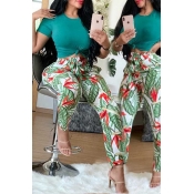 Lovely Casual Leaf Printed Green Two-piece Pants S