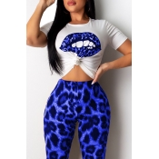 Lovely Casual Lip Printed Blue T-shirt