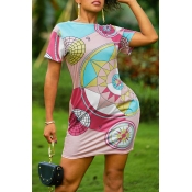 Lovely Casual O Neck Printed Pink Mini Dress