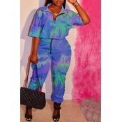 Lovely Casual Turndown Collar Printed Blue One-pie